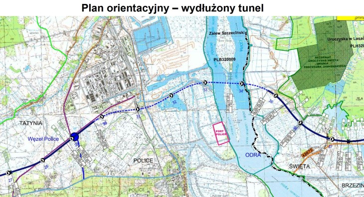 Mapa ZOS w rejonie Polic i tunel pod Odrą. Źródło: GDDKiA